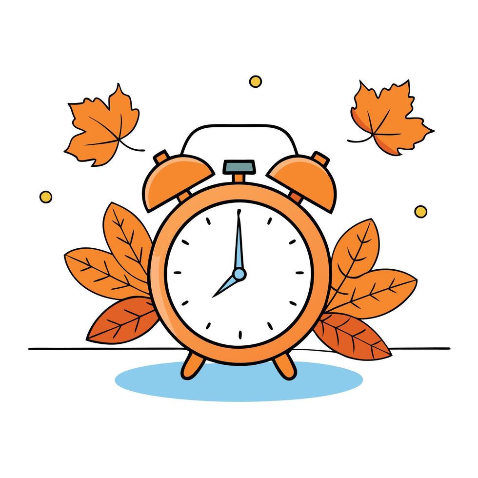Daylight Saving Time. Alarm clock and orange color leaves on wooden table. Autumn time. Fall time change. Autumn leaves fall and winter approaches. the concept of daylight saving time. vector