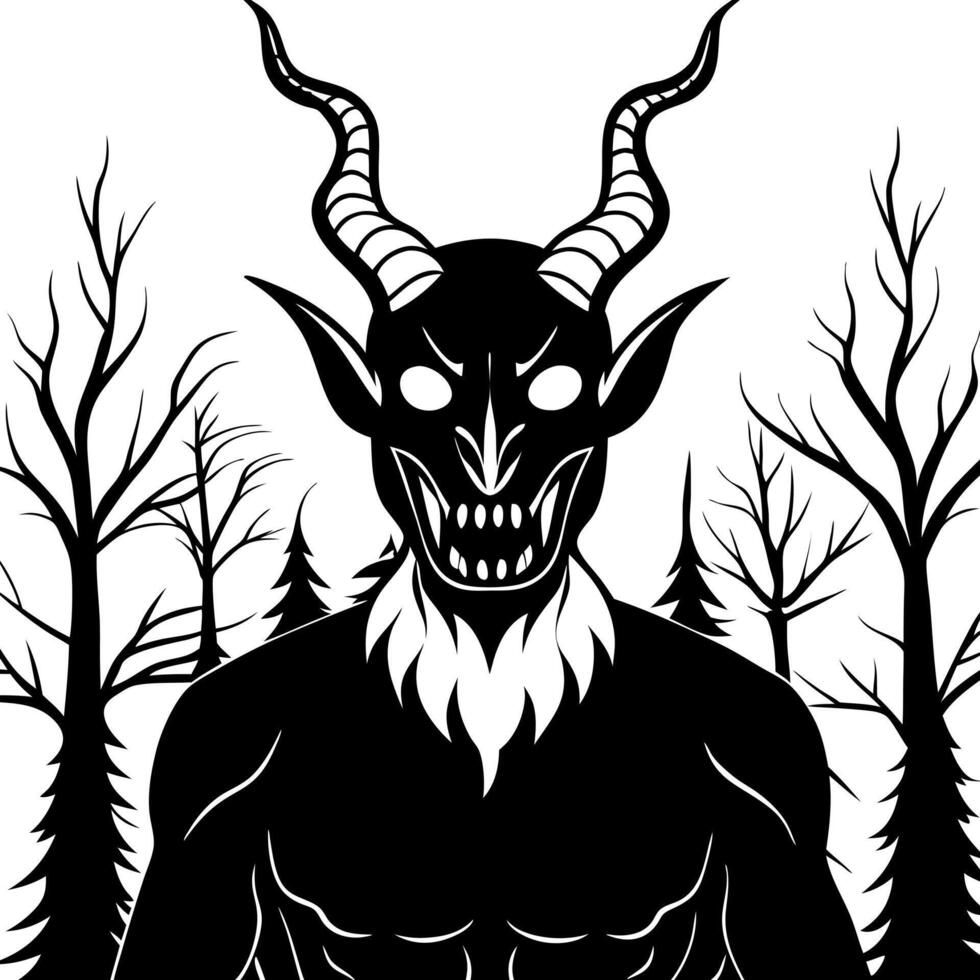 A horror demonic monster. With glowing eyes and horns. Silhouetted in a dark. foggy winter forest. vector