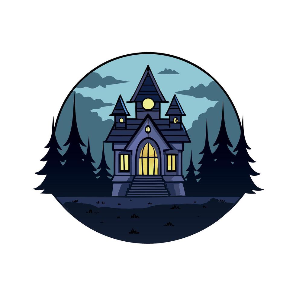 Haunted house in the middle of foggy dark forest night melancholic background. technology. vector