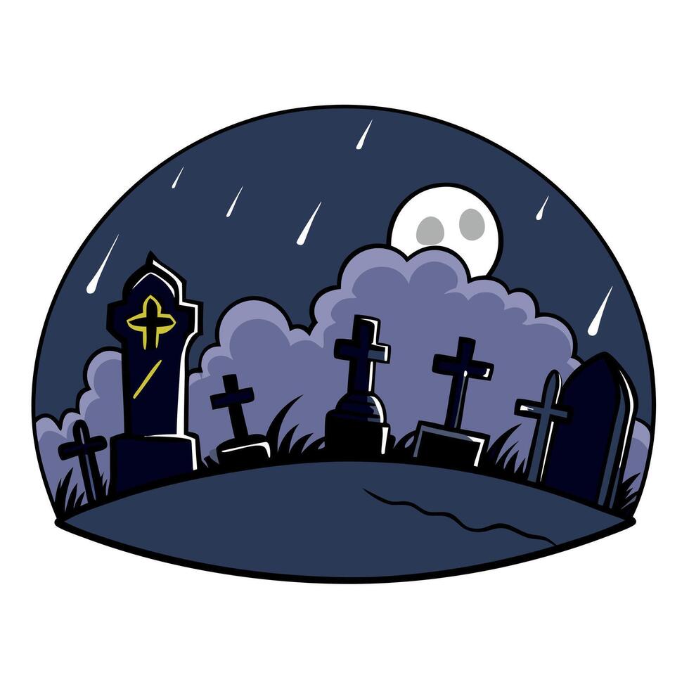 Digital Illustration Of An Old Creepy Graveyard On Stormy Winter Day At Dark Misty Night Background Concept. vector