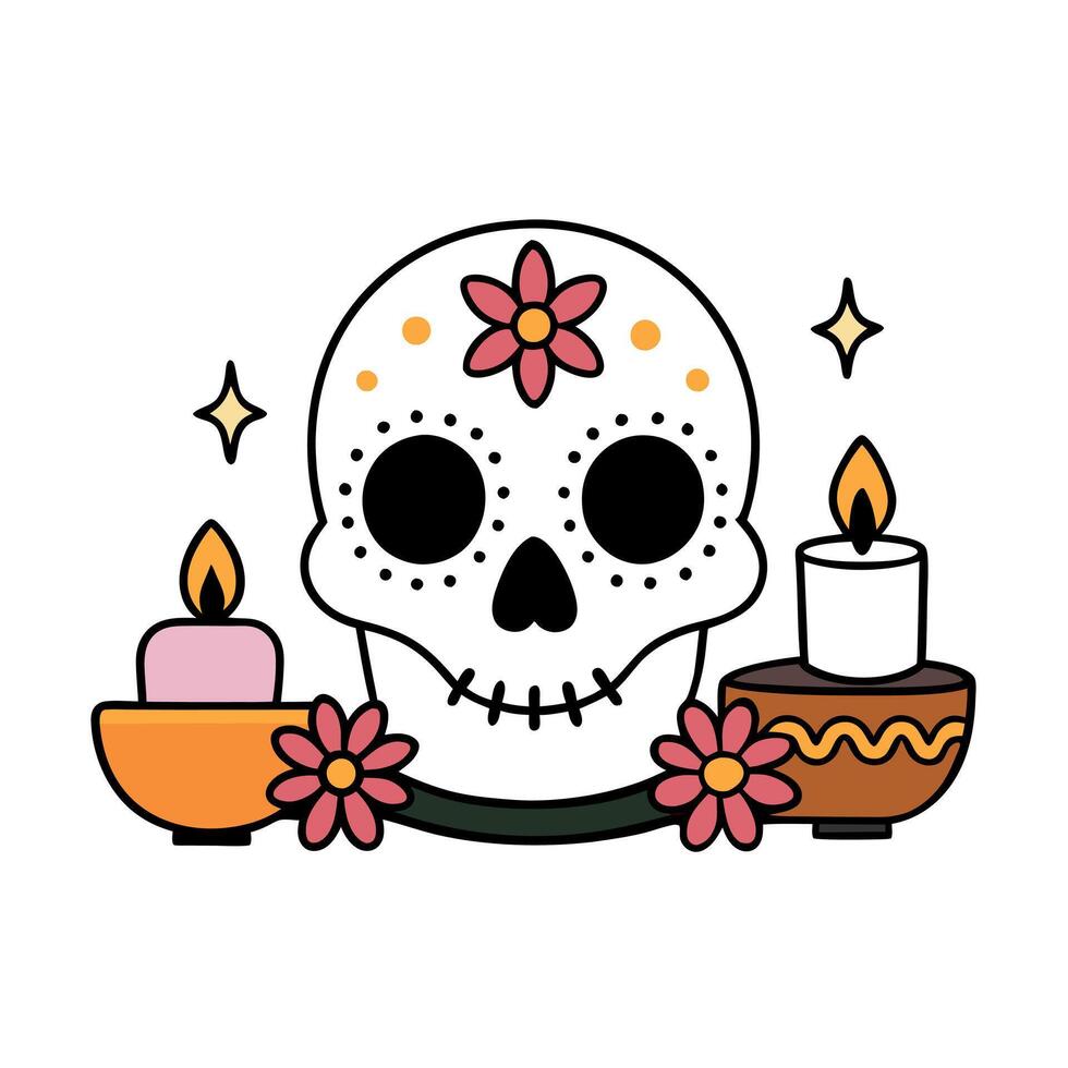 Day of the Dead Sugar Skull and Ofrenda Amidst Flowers and Lights vector