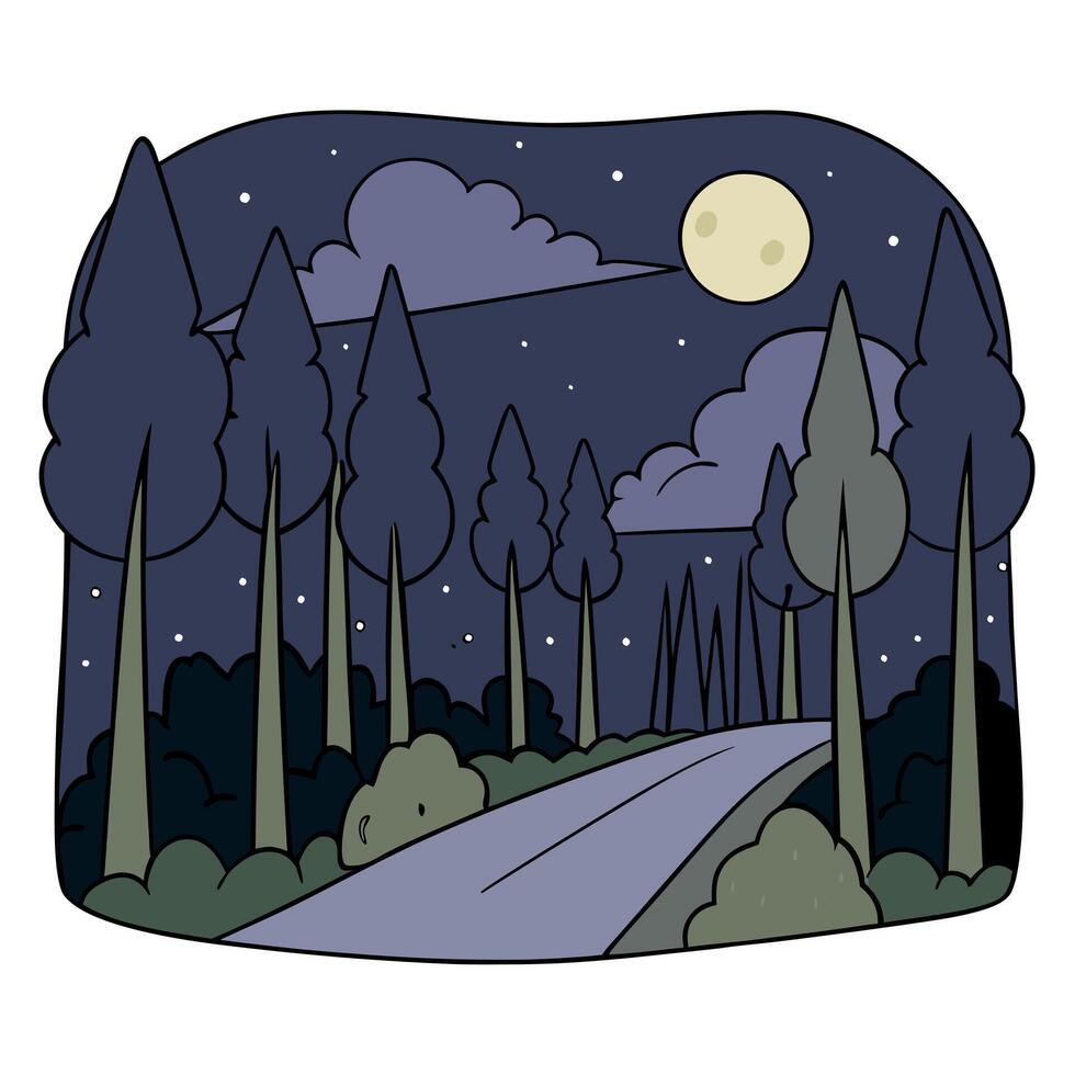 A dark gloomy forest in a moonlit night streets full with trees. vector