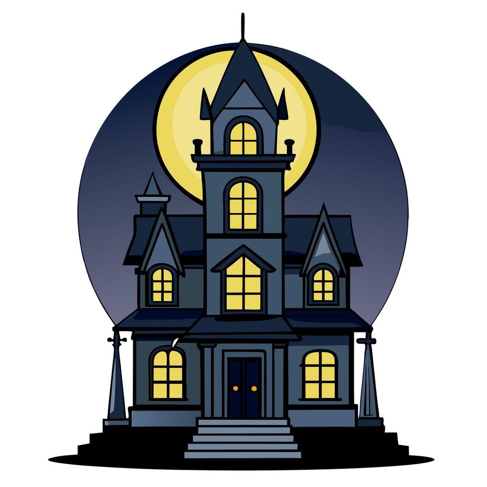 A large victorian house of terror with a full moon in the dark and candlelight. Halloween theme of horror house in the dark. 3D illustration and fantasy digital painting. vector