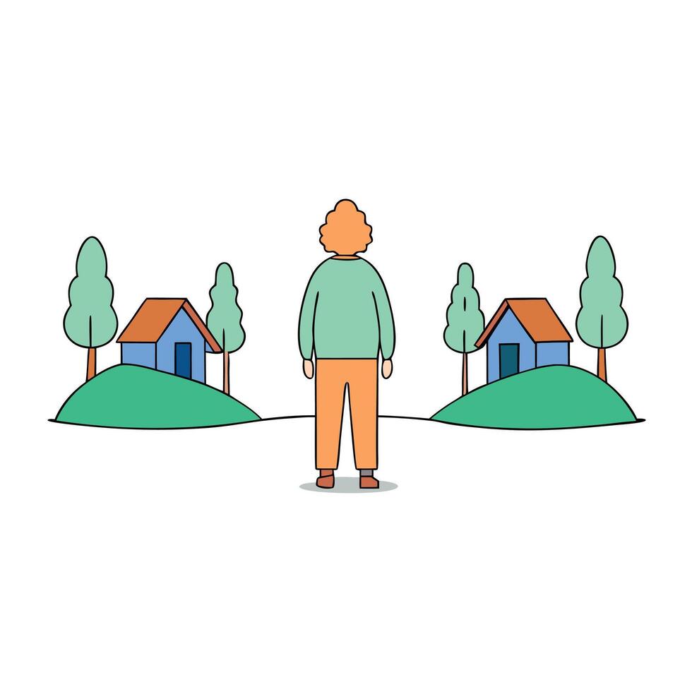 Stalker concept. Lonely man standing in the forest in the middle of nowhere. Rear view. Deserted houses. vector