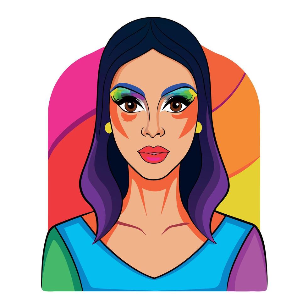 Art with this digital picture of a woman adorned with colorful make-up on her face. vibrant colorful background. vector