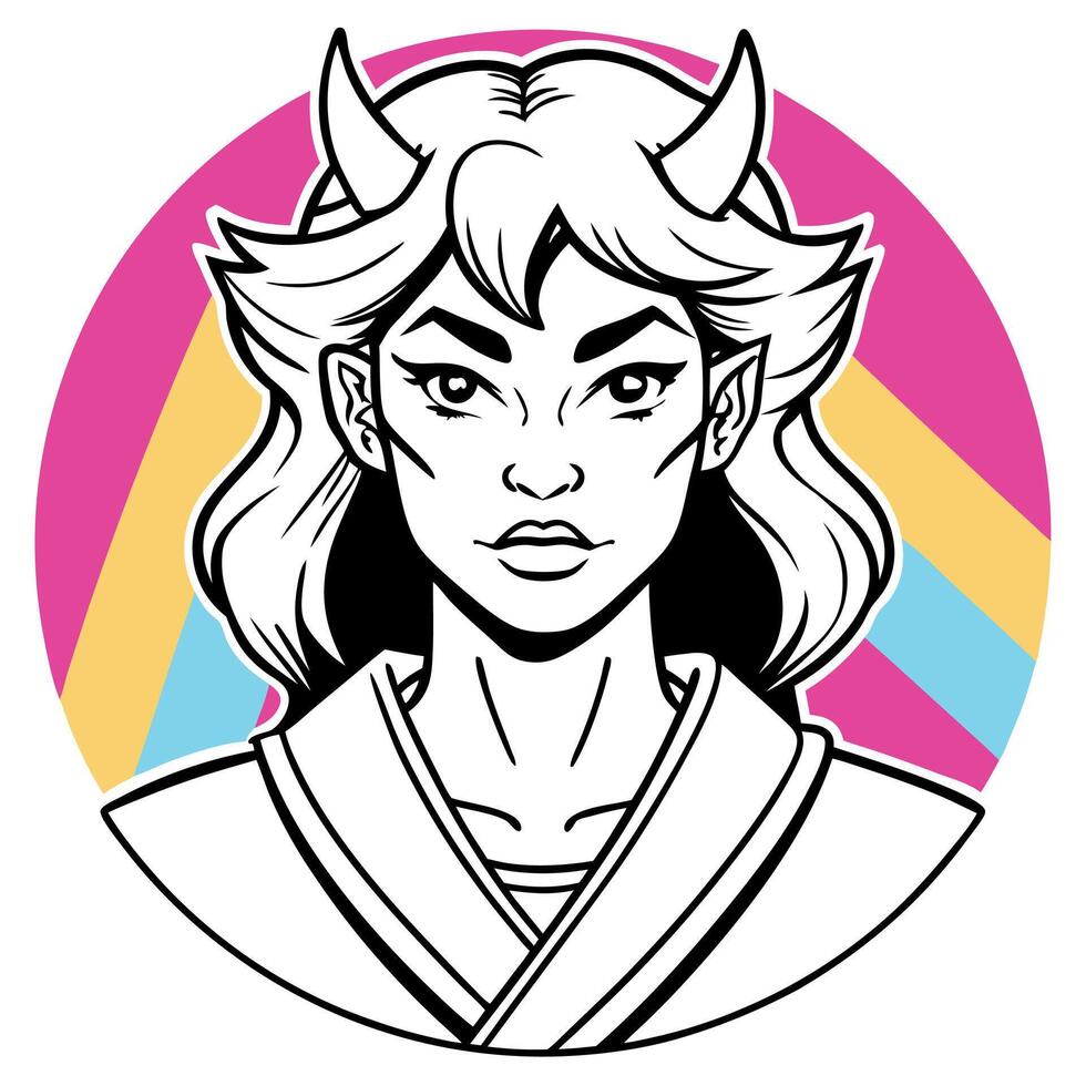 Portraits of a samurai devil girl. Retro anime style illustration on a colorful background. beautiful and strong characters. vector