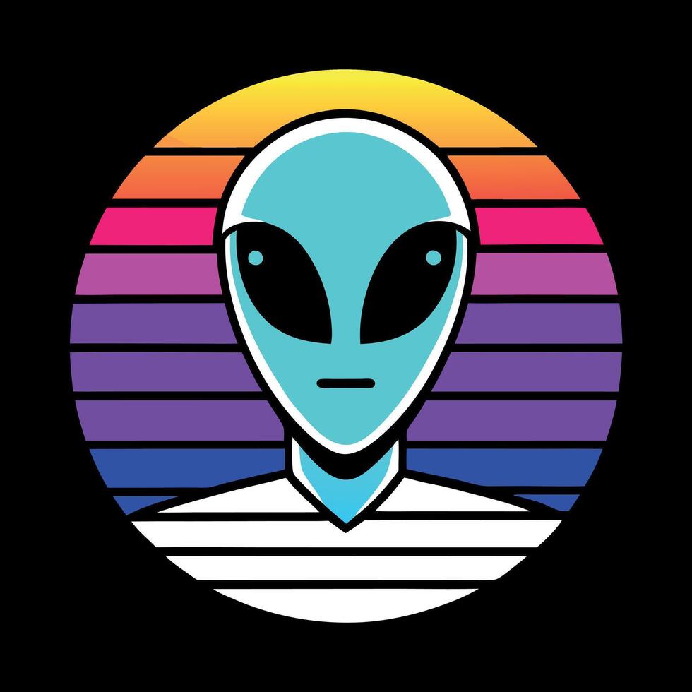 Glitch art. Cyber noise. Sci-Fi intelligence. Neon light purple blue orange color pixel glowing alien face on dark black futuristic abstract art illustration background vector