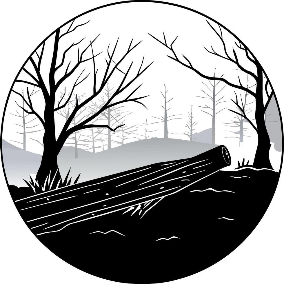 Fallen tree in foggy forest melancholic dark background. technology. vector
