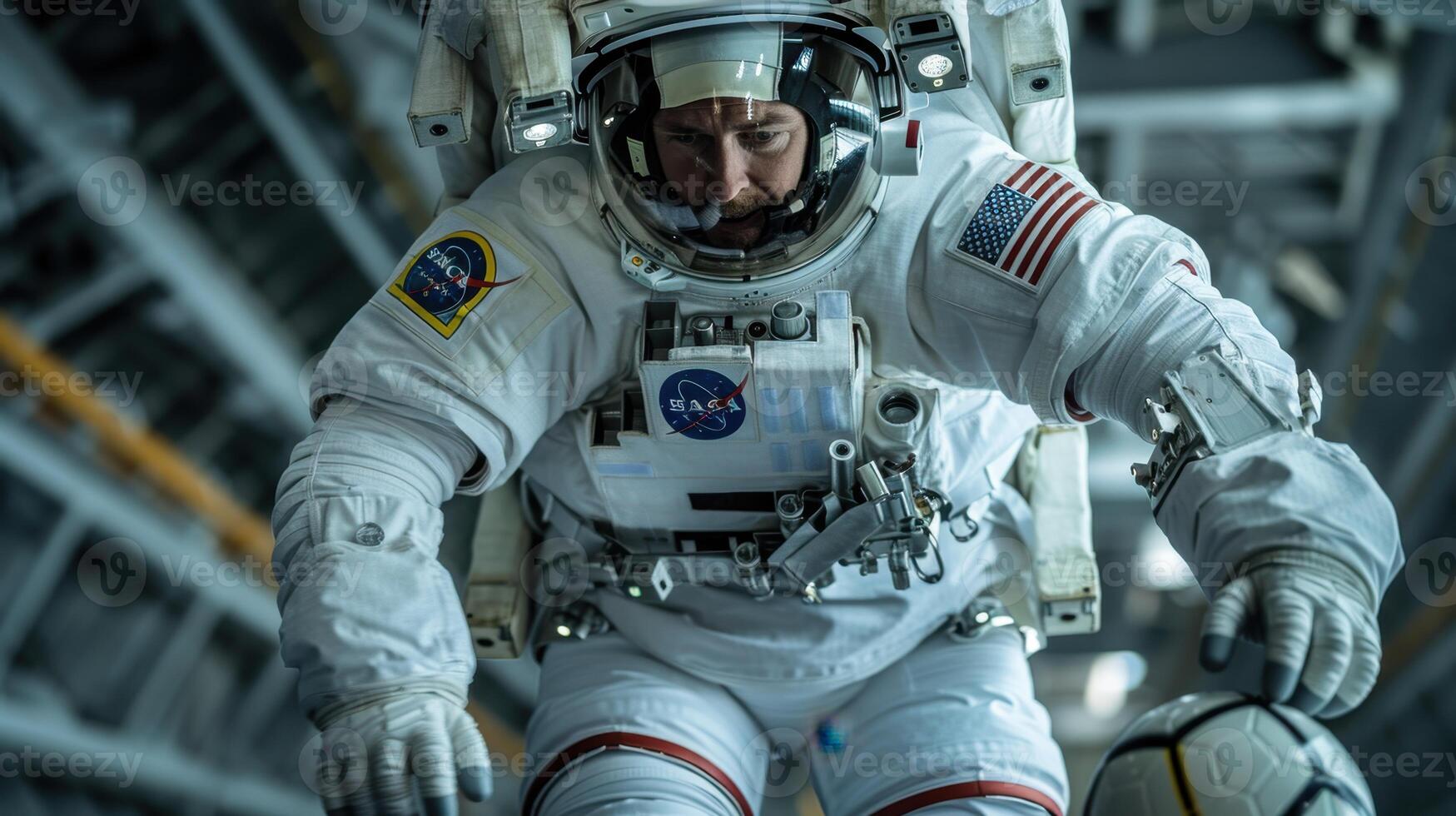 An astronaut in a spacesuit at a spaceport before a flight. Astronaut against the background of the rocket photo