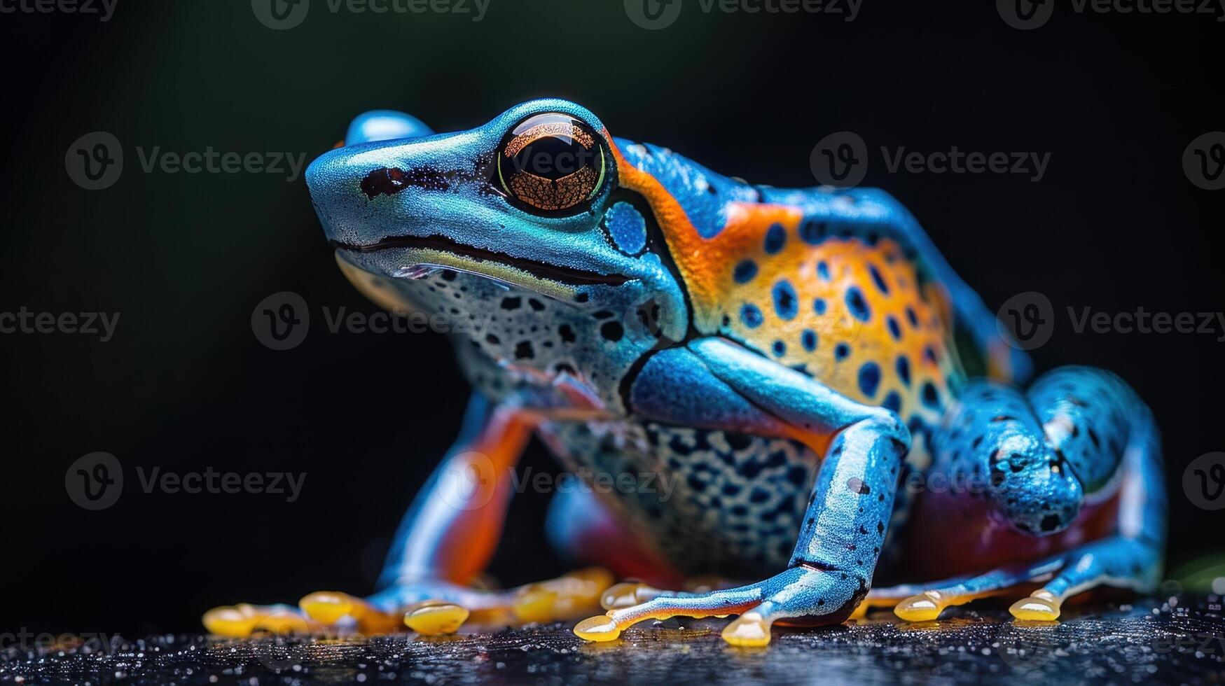 blue frog with poison dart isolated on black background photo