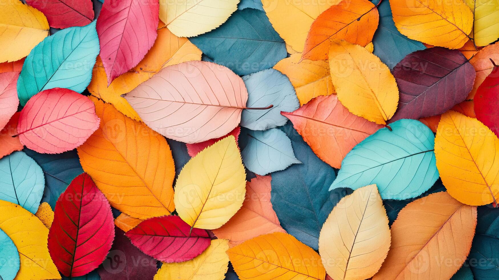 Colorful autumn leaves on a blue background, creating a vibrant natural texture. photo