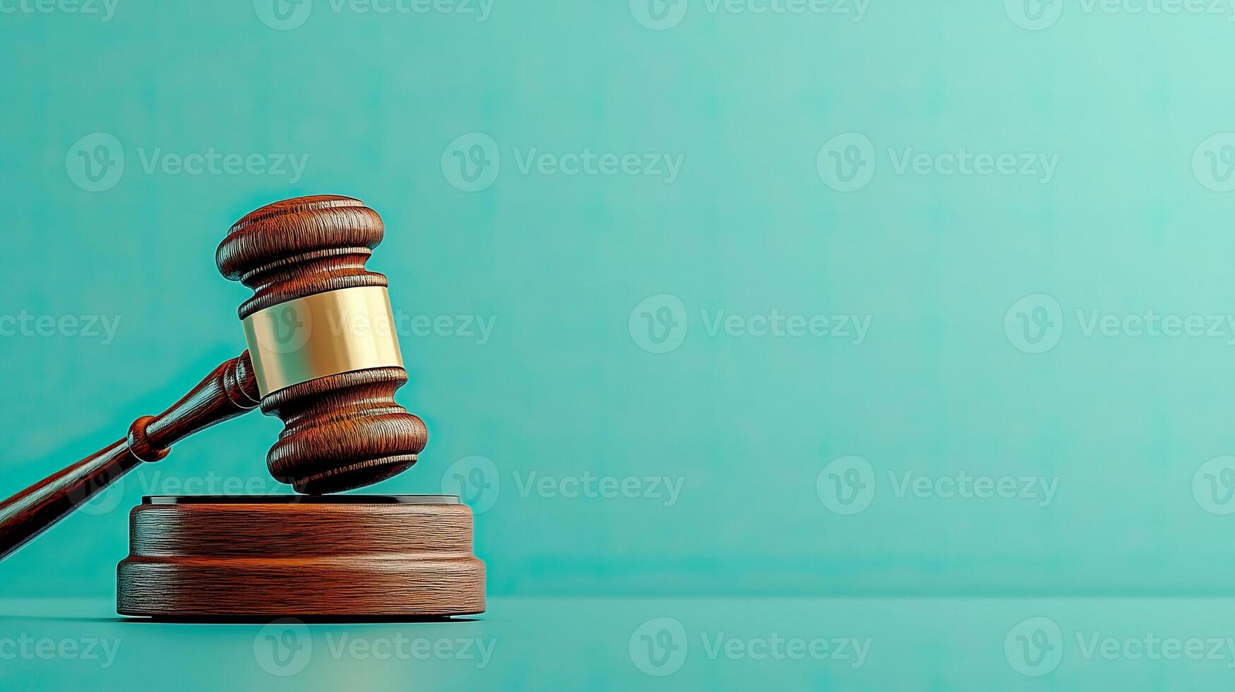A wooden gavel on a turquoise background, representing justice and legal authority. photo