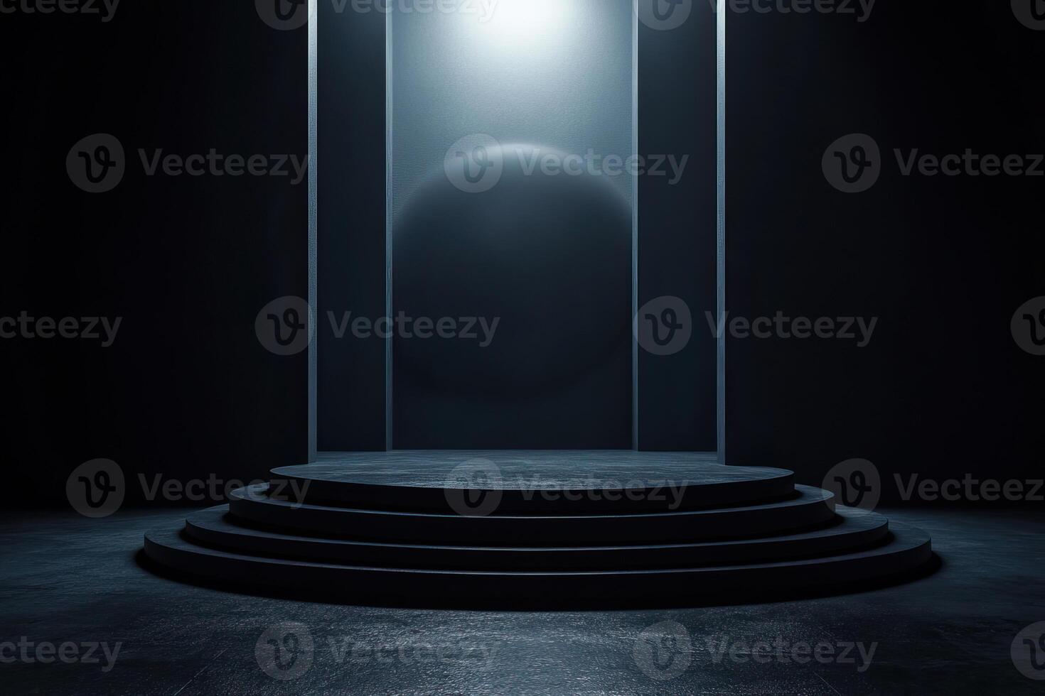 A futuristic podium with an illuminated sphere in a dark atmosphere. photo