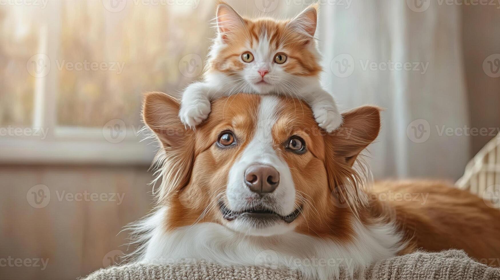 A playful kitten sitting on the head of a friendly dog, showcasing their adorable friendship. photo