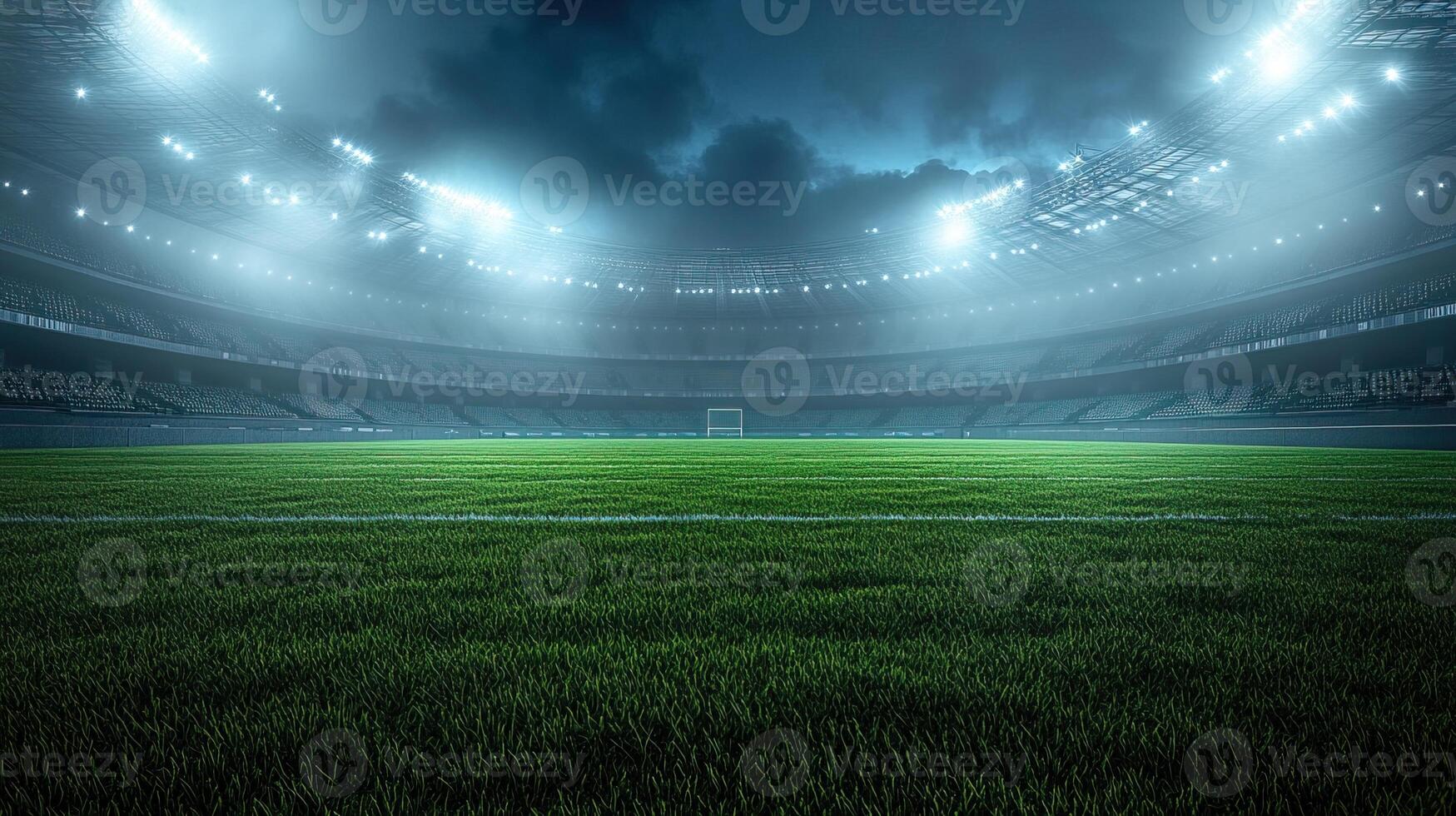 A vibrant football field under stadium lights, showcasing a lush green pitch in an atmospheric setting. photo