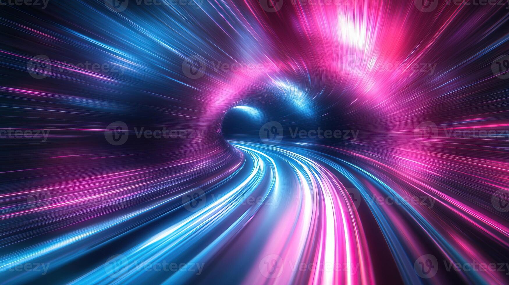 A vibrant abstract tunnel of colorful light rays in blue and pink, creating a sense of speed and movement. photo