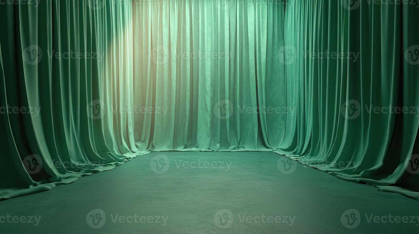 Green curtain backdrop with illuminated space, ideal for presentations or photo shoots.