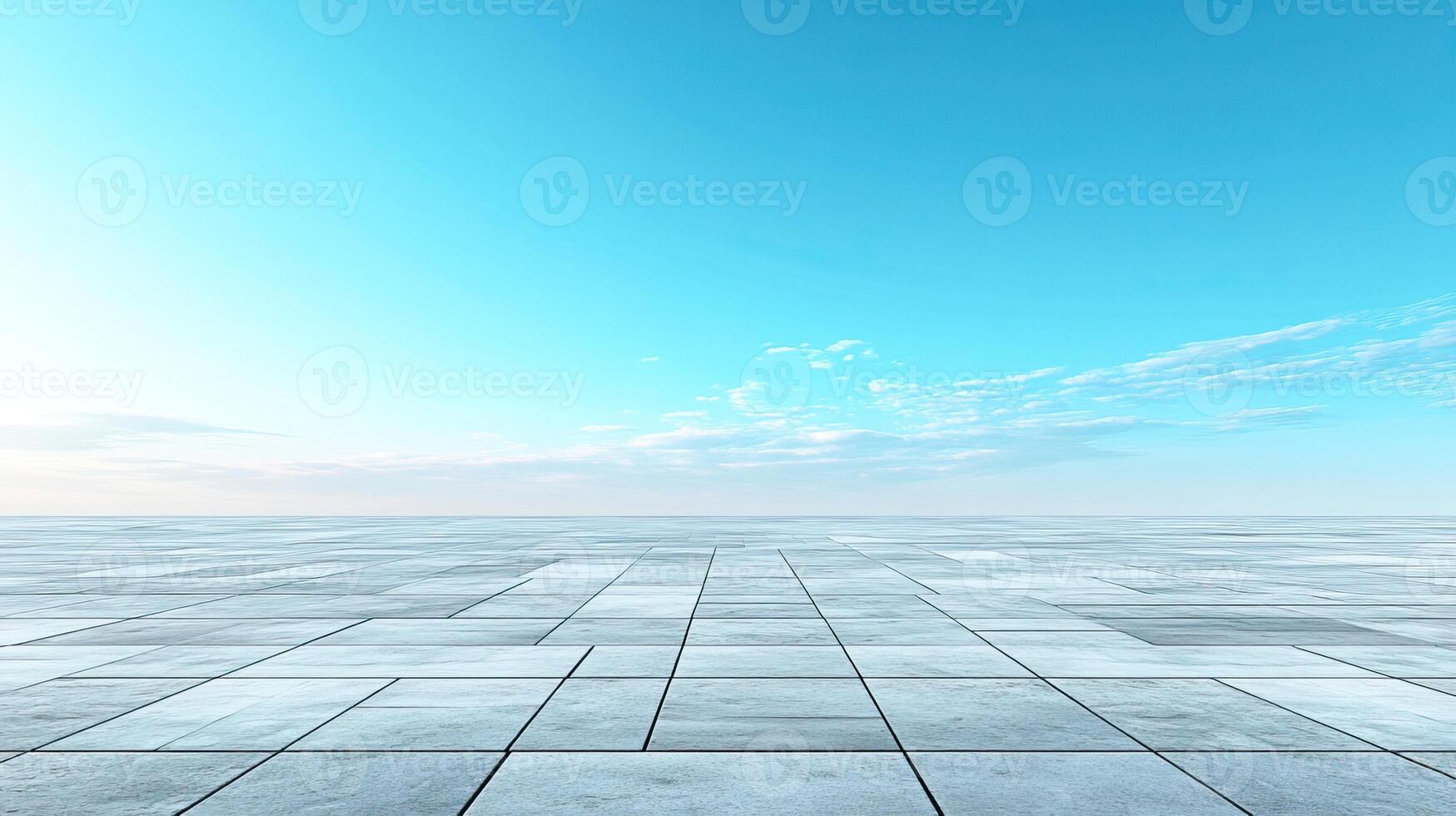 Expansive gray floor tiles with a bright blue sky above, creating a serene and open atmosphere. photo