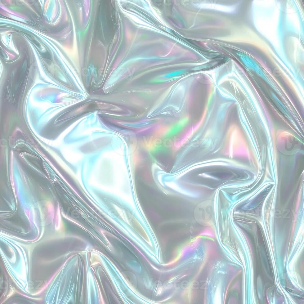 Iridescent crinkled foil texture with shiny, reflective surfaces in a mesmerizing pattern. photo