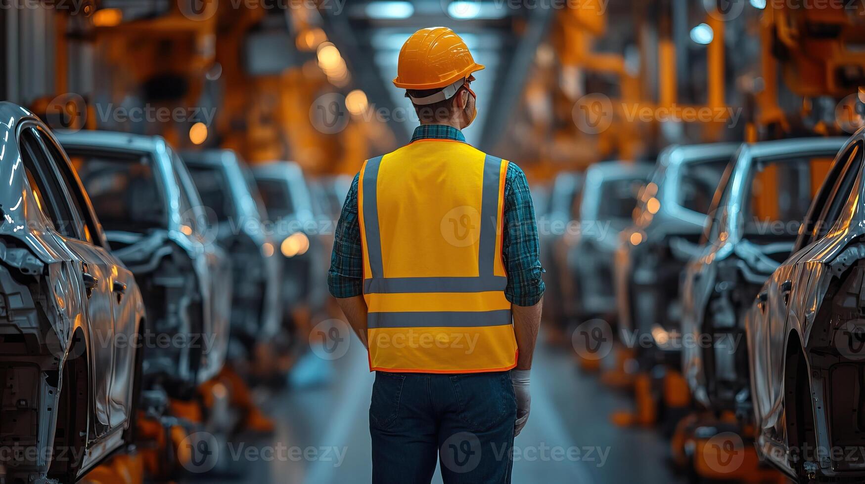 Worker in safety gear observes car assembly line in a modern factory setting. photo