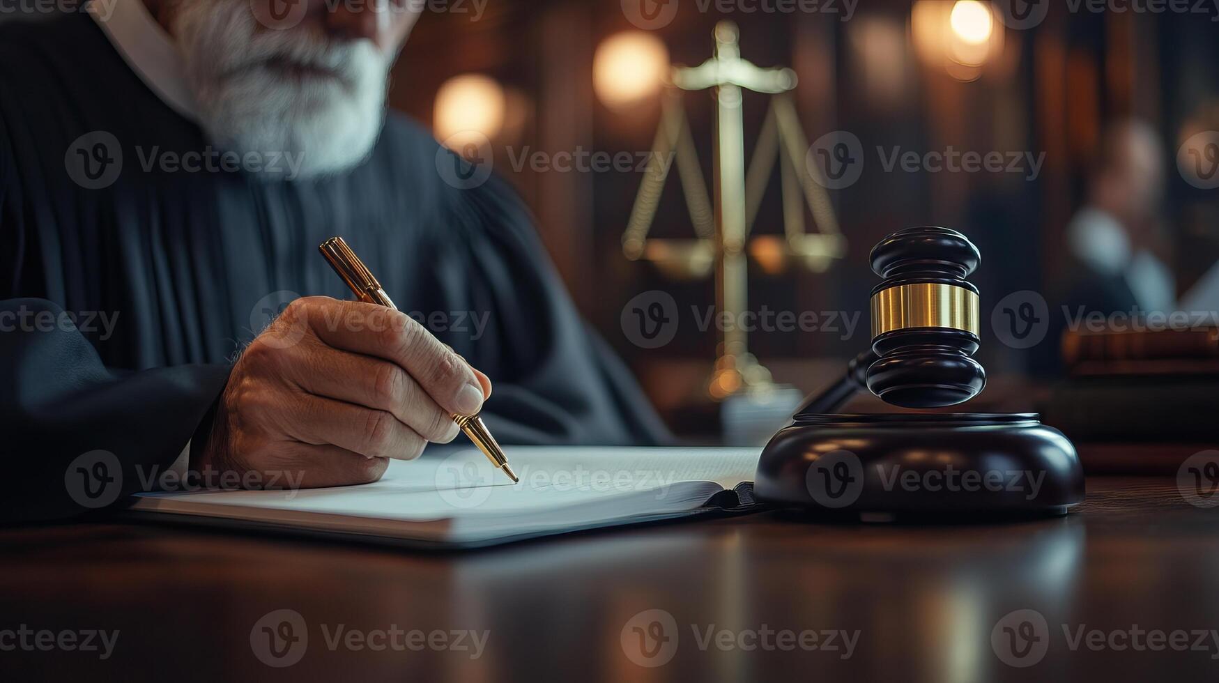Judge writing notes in a courtroom with a gavel symbolizing justice. photo