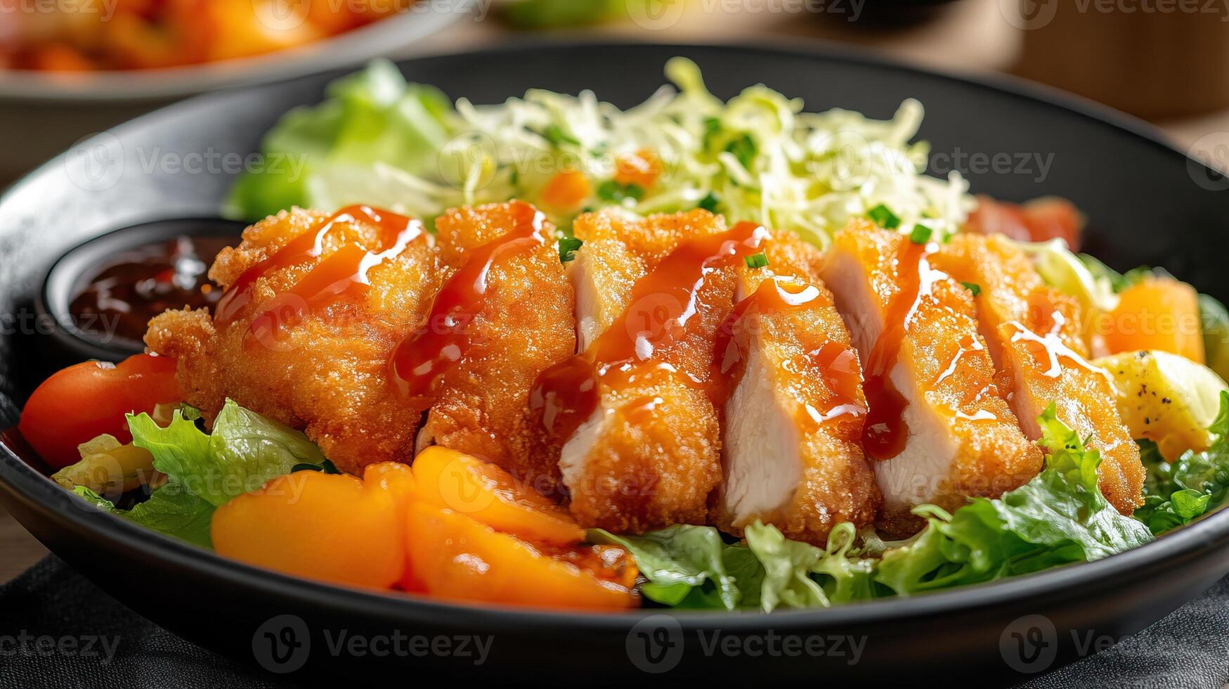 Delicious chicken salad with crispy breaded chicken, fresh vegetables, and tangy sauce served in a black bowl. photo