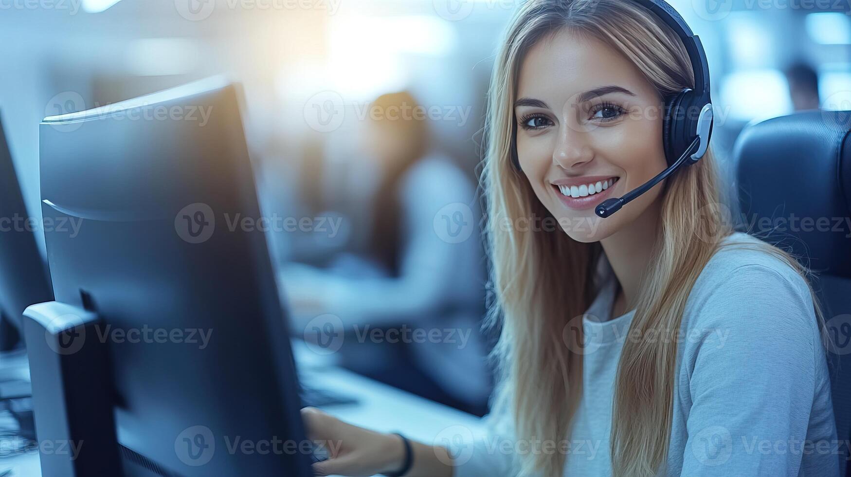 Cheerful call center agent offering support on headset at computer desk. photo