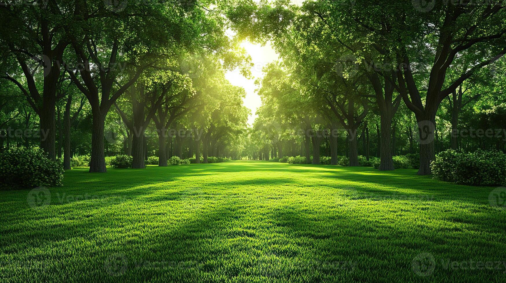 Lush green park with sunlight filtering through trees, creating a serene and tranquil atmosphere. photo