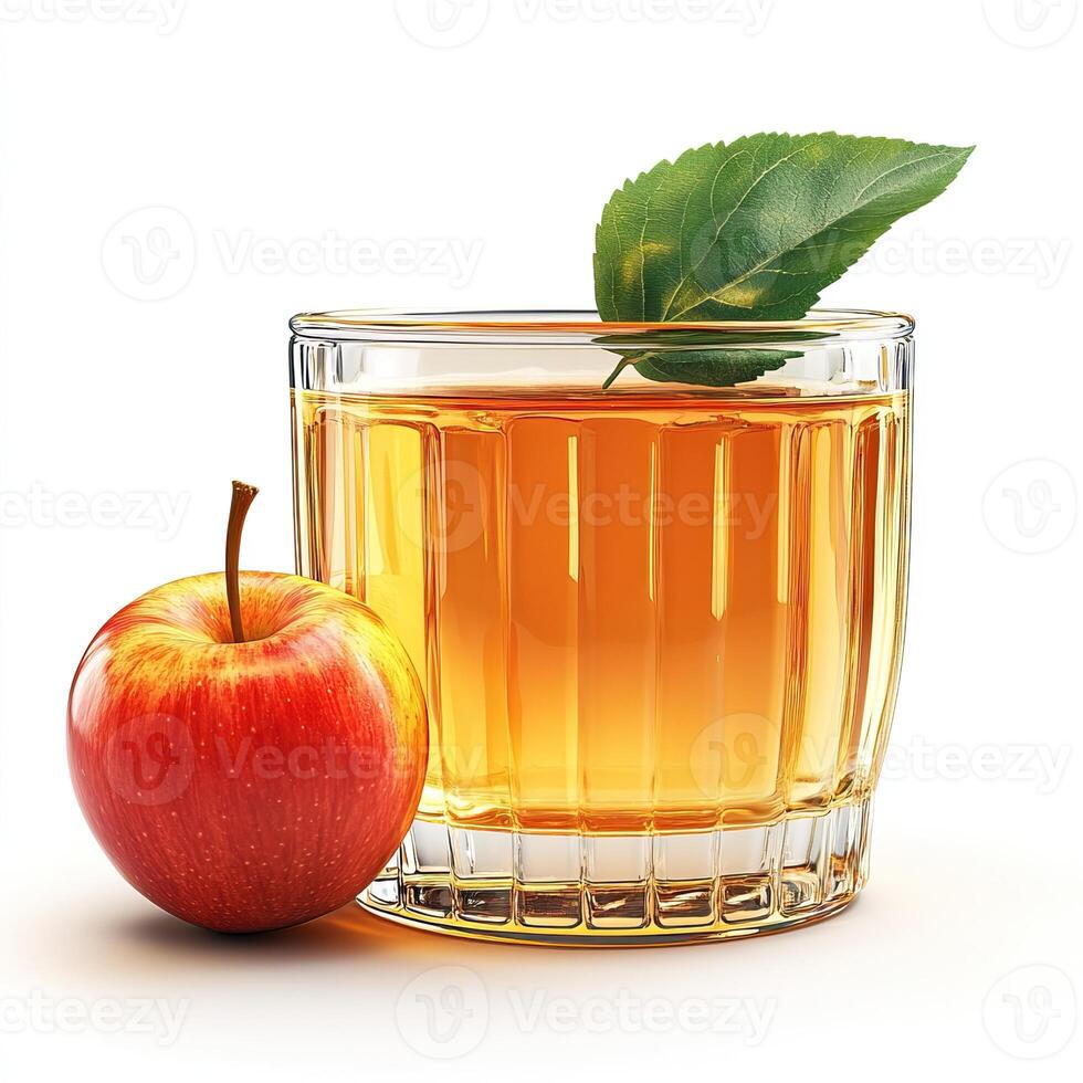 Fresh apple juice in a glass with a green apple and leaf, isolated on a white background. photo