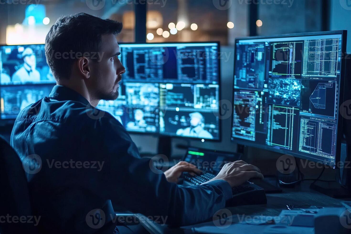 Focused man working on multiple screens with data analysis in a modern workspace. photo