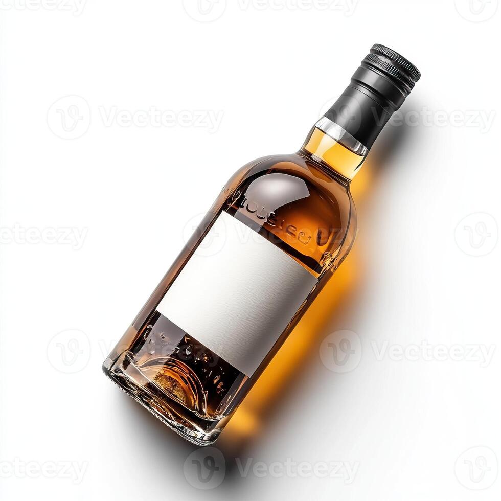 Bottle of whiskey on a white isolated background, showcasing the amber liquid and blank label for customization. photo