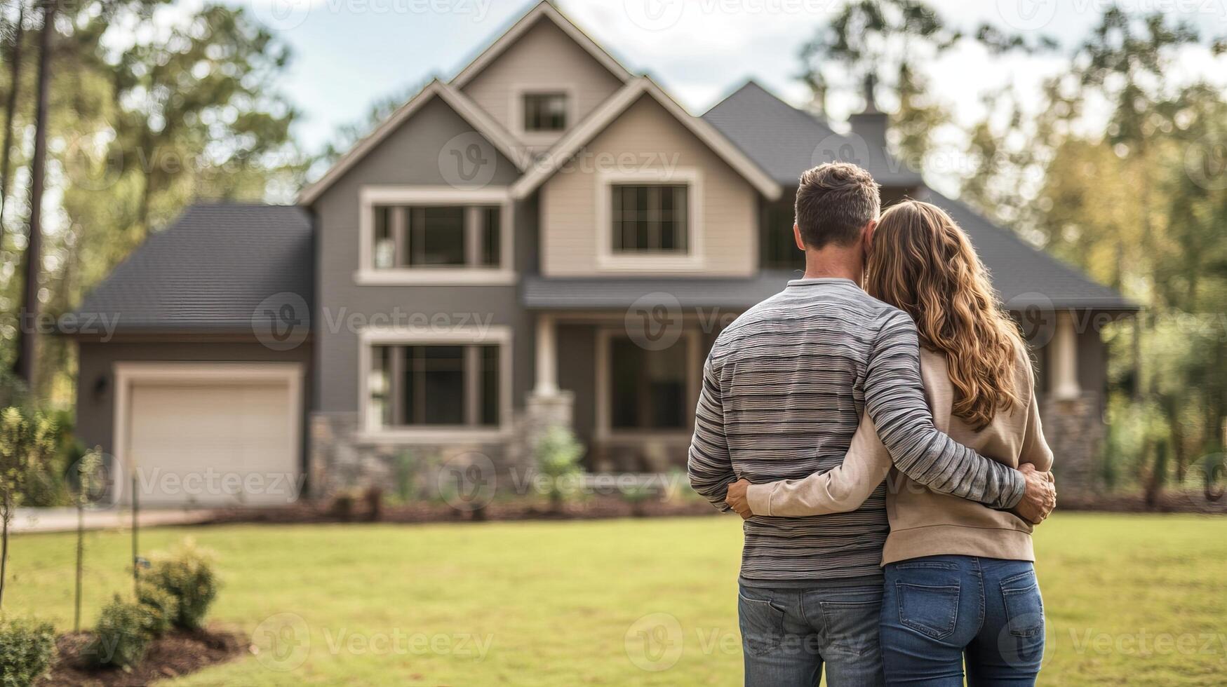 Couple standing together in front of their beautiful home, embracing in a peaceful outdoor setting. photo
