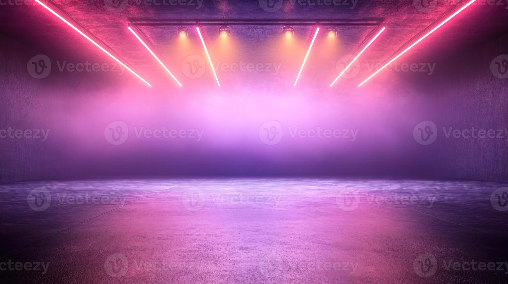 Abstract background with colorful neon lights and fog creating an atmospheric space. photo