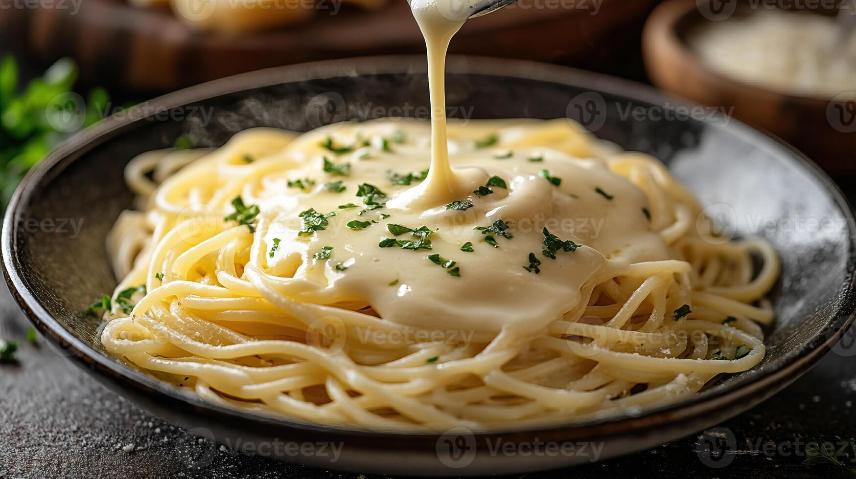 Delicious pasta topped with creamy sauce and garnished with parsley on a rustic table. photo