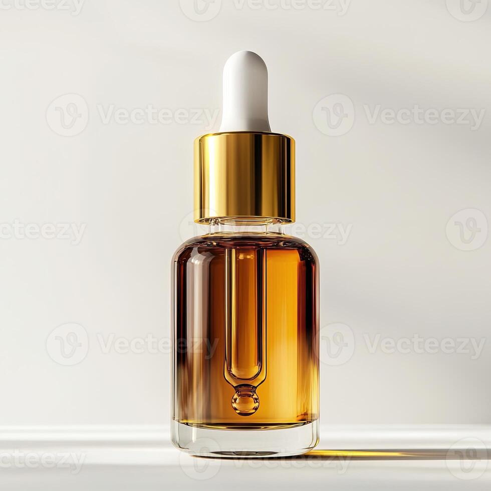 Stylish dropper bottle with golden cap on a white isolated background. photo