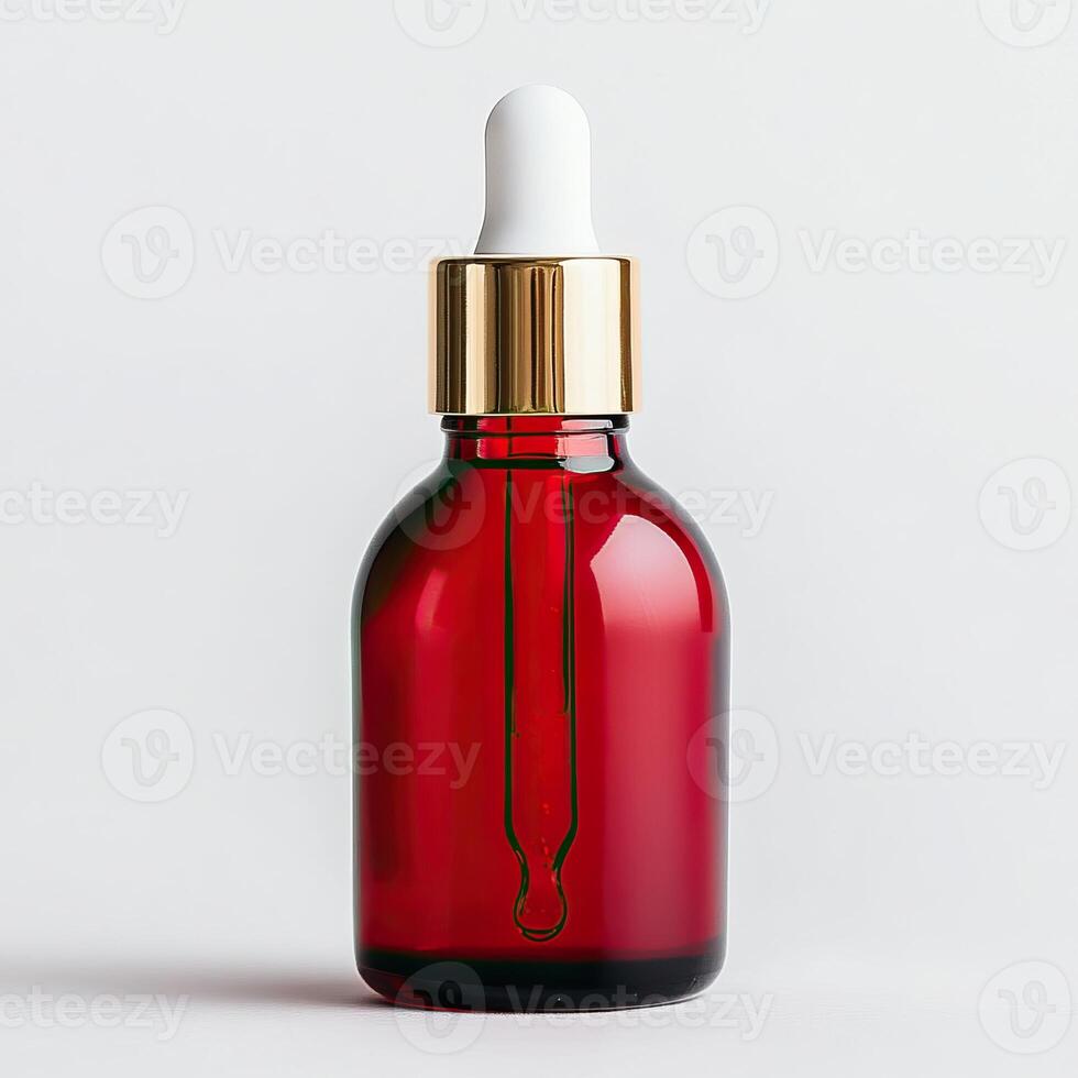 Red glass dropper bottle with white pipette, elegant design on isolated background. photo