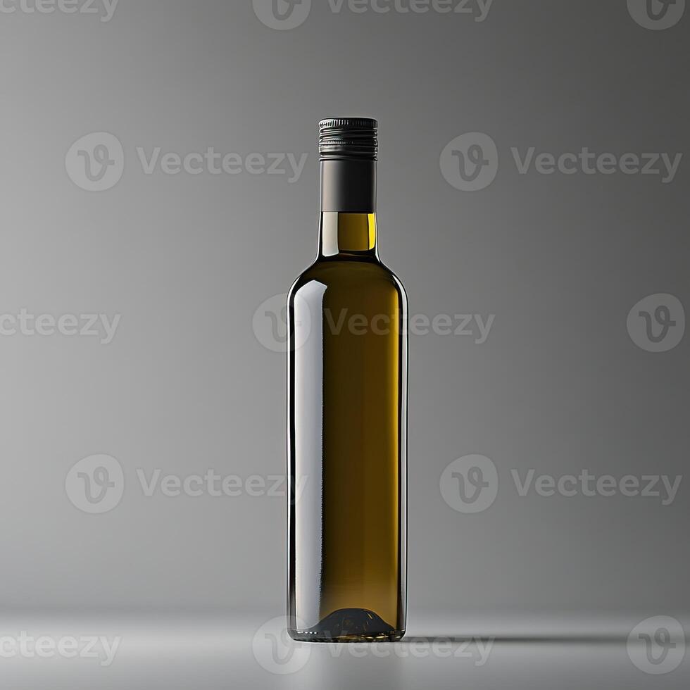Olive oil bottle against a gray background, showcasing its elegant design and rich color. photo