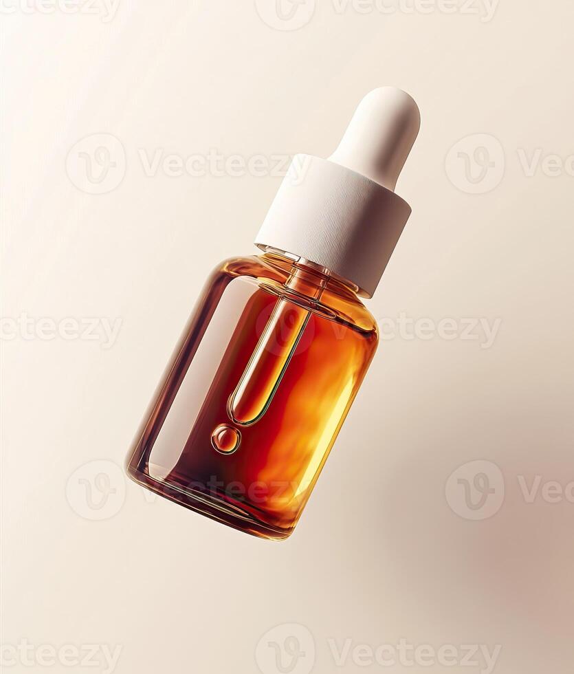 Amber glass dropper bottle with white cap, floating against a soft beige background. photo
