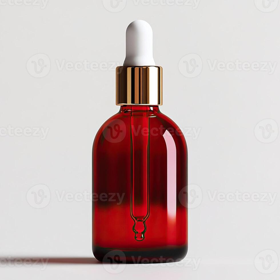 Red glass dropper bottle with white dropper cap, isolated on white background. photo