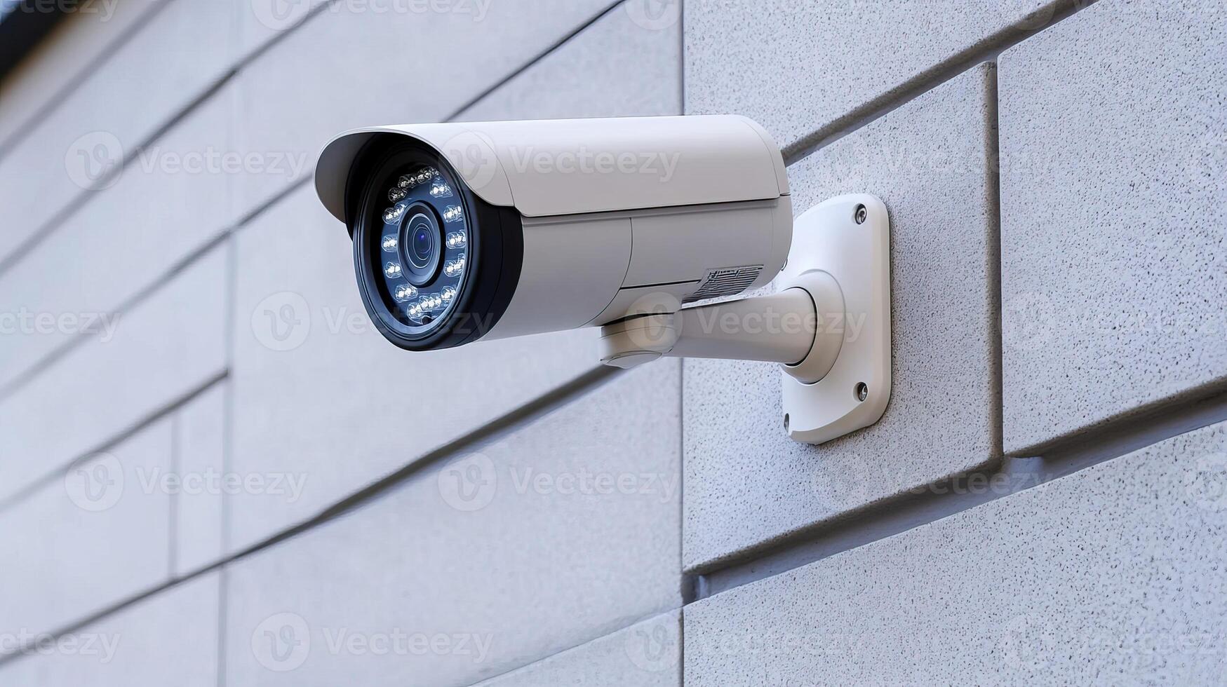 Security camera mounted on a modern building wall for surveillance and safety. photo