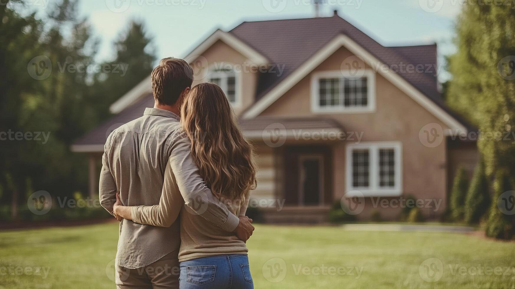 Couple embracing while admiring their beautiful home on a sunny day. photo