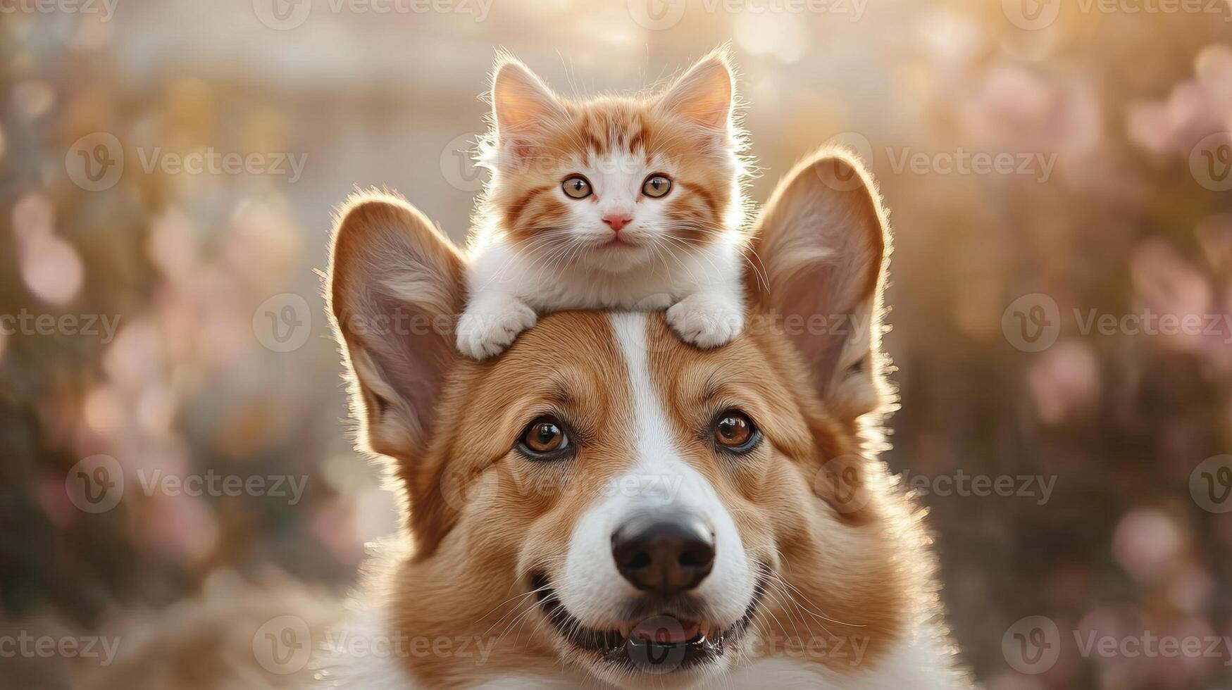 A playful kitten perched on the head of a smiling corgi, surrounded by a beautiful floral background. photo