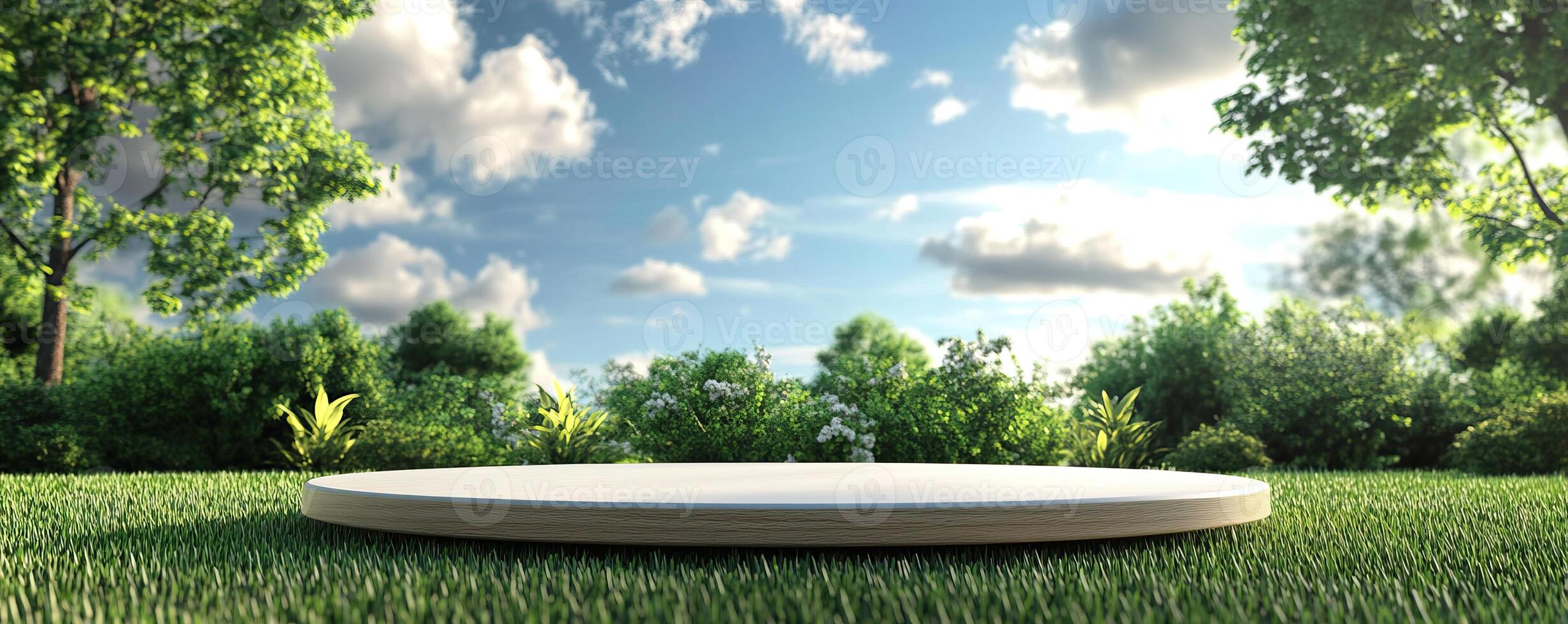Modern circular platform surrounded by lush greenery under a clear sky, perfect for outdoor events or displays. photo