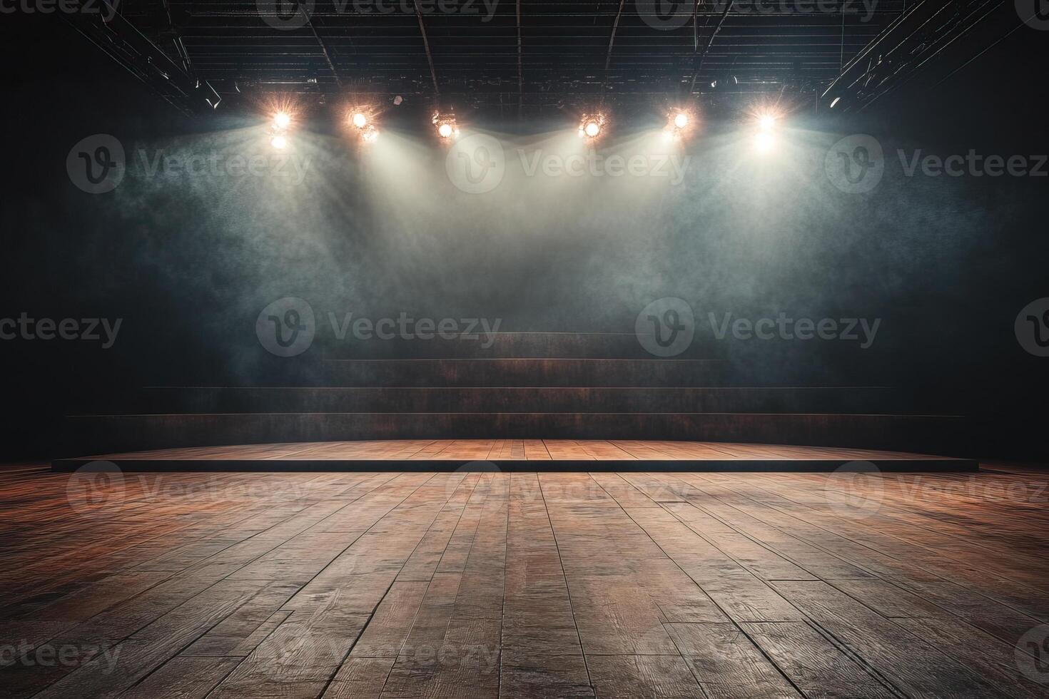 Dimly lit stage with dramatic lighting and smoke effects, perfect for theatrical performances or events. photo