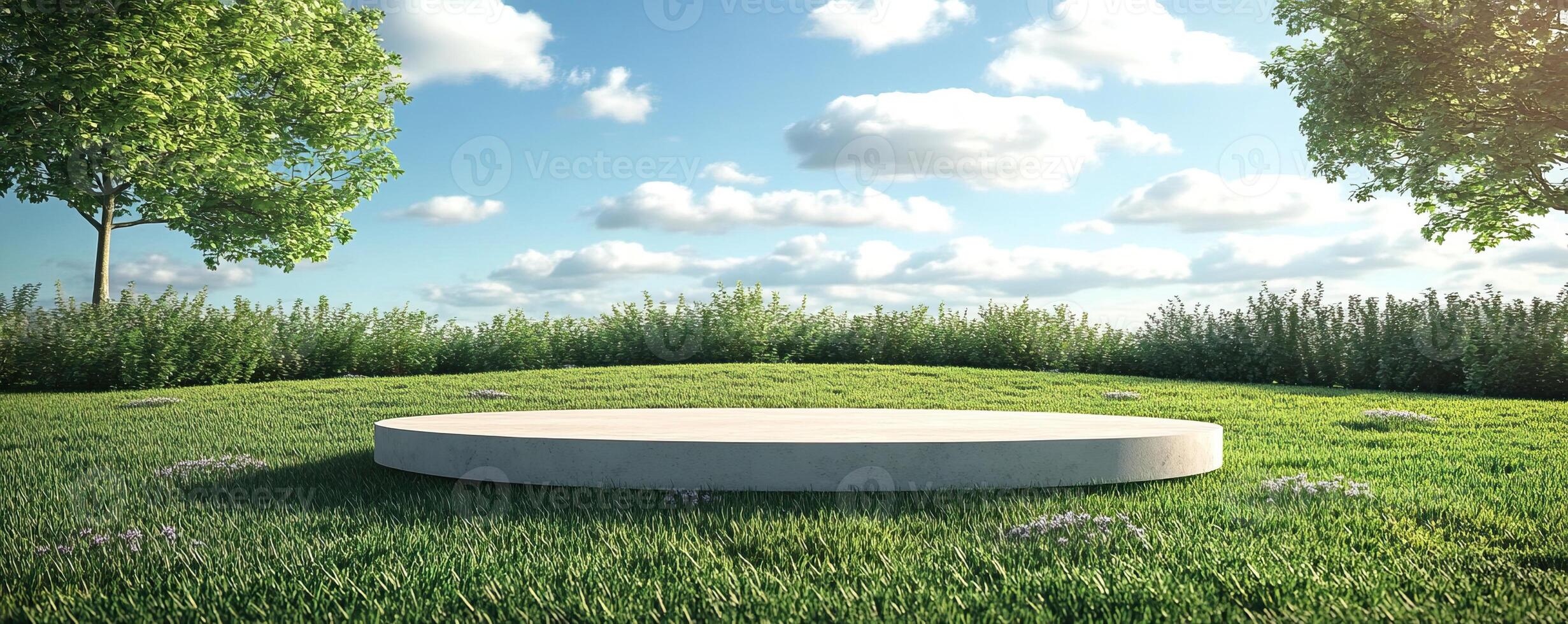 A circular pedestal on a grassy area under a blue sky with fluffy clouds, symbolizing creativity and potential. photo