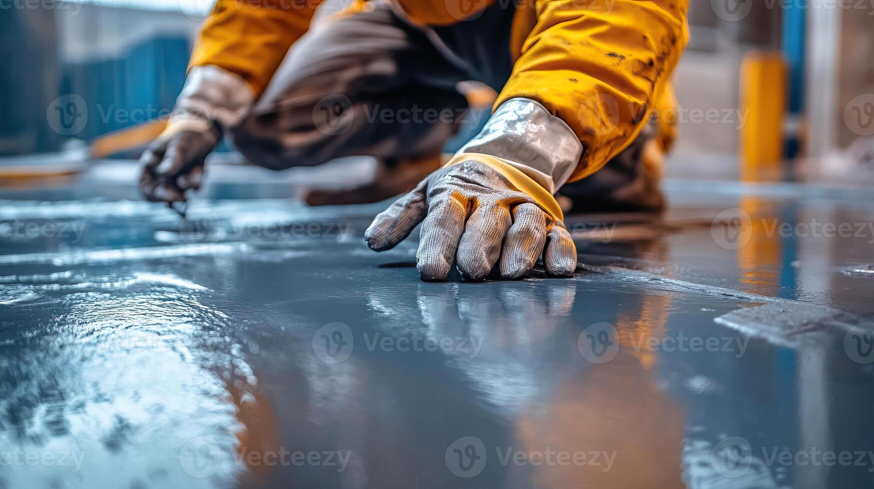Worker applying epoxy resin on floor, close up, construction site, hands in gloves, industrial environment. photo