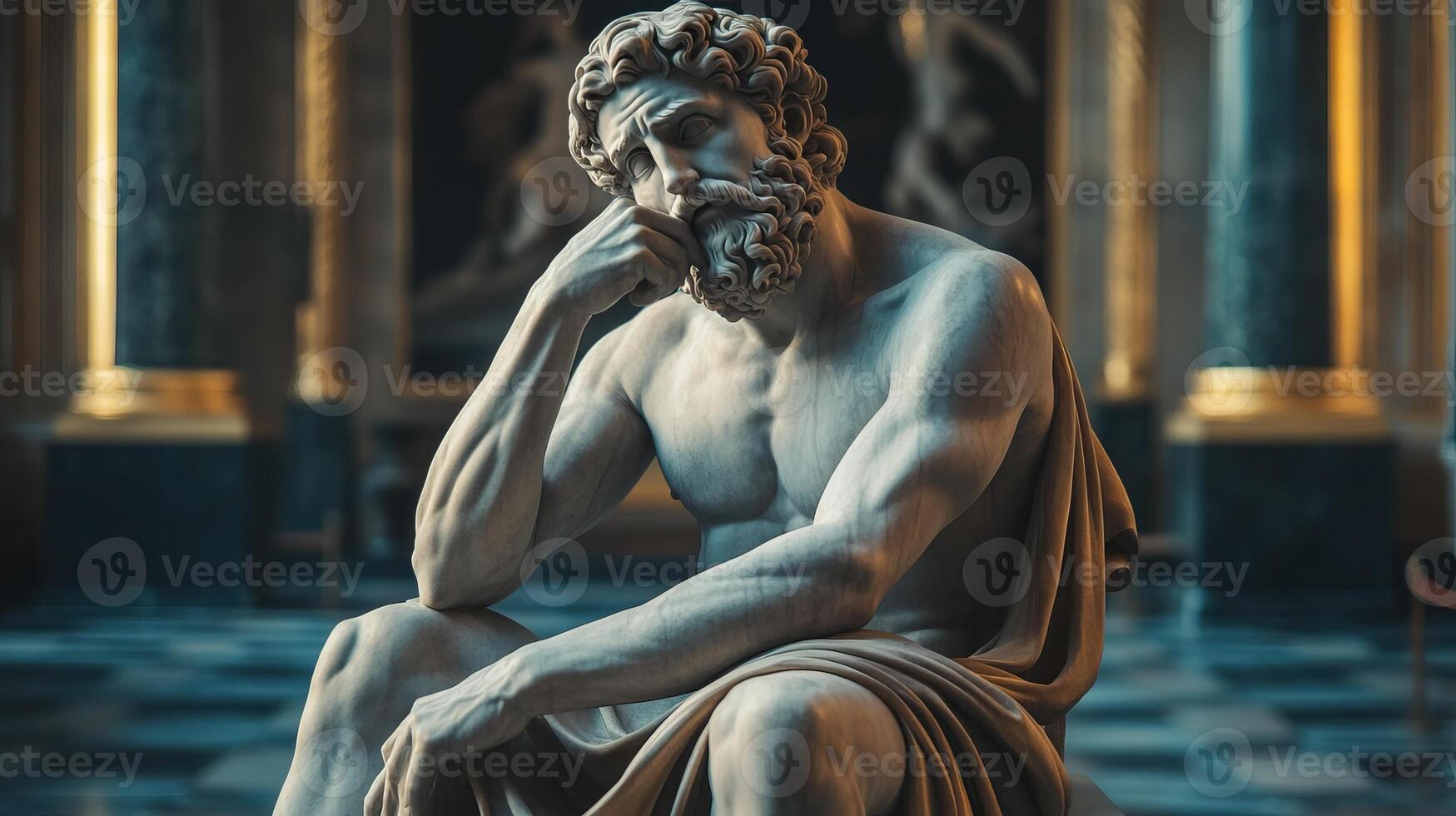 Ancient marble sculpture depicting a contemplative figure in a grand, historical setting. photo
