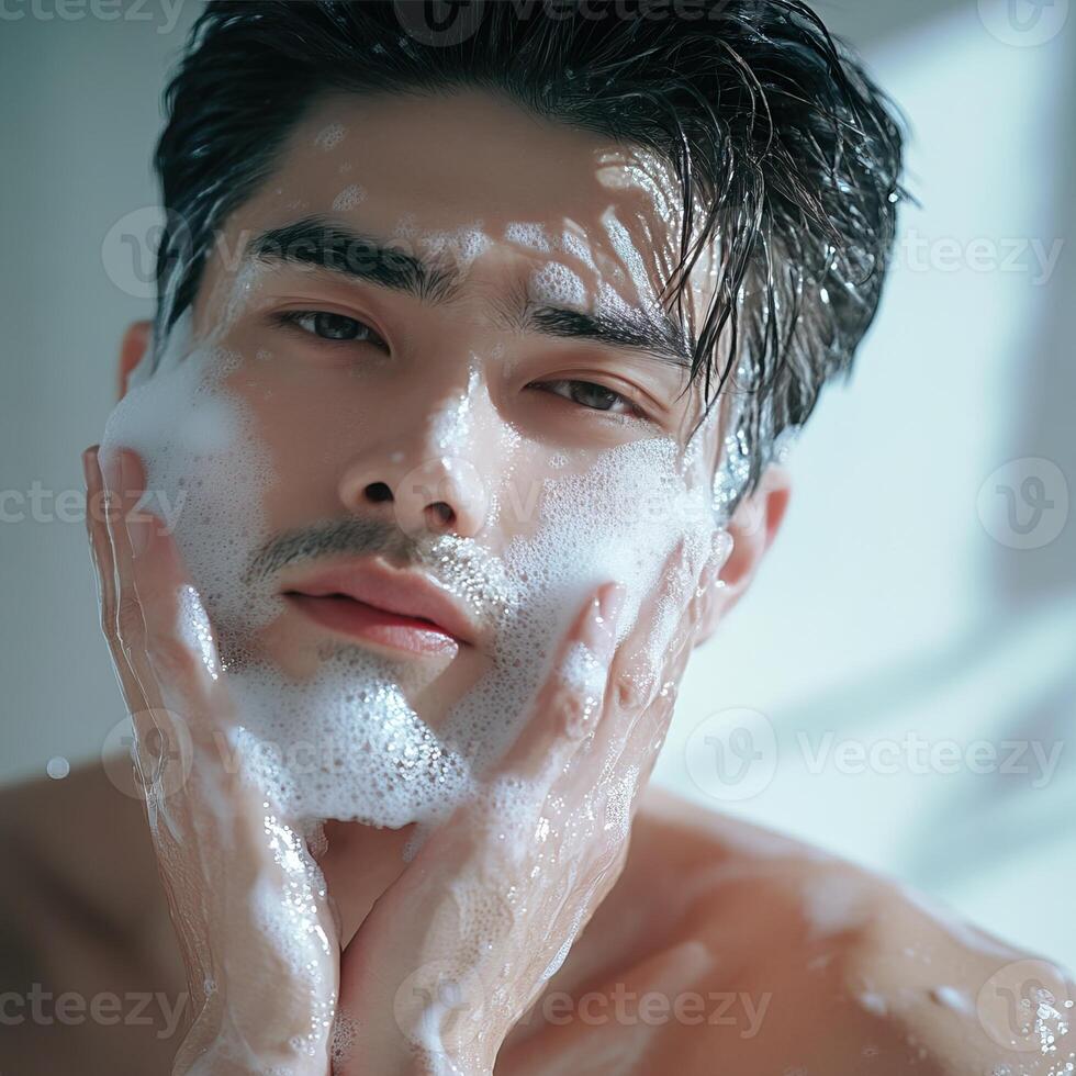 Close-up of a young man applying facial foam, natural light, serene expression, clean and fresh appearance. photo