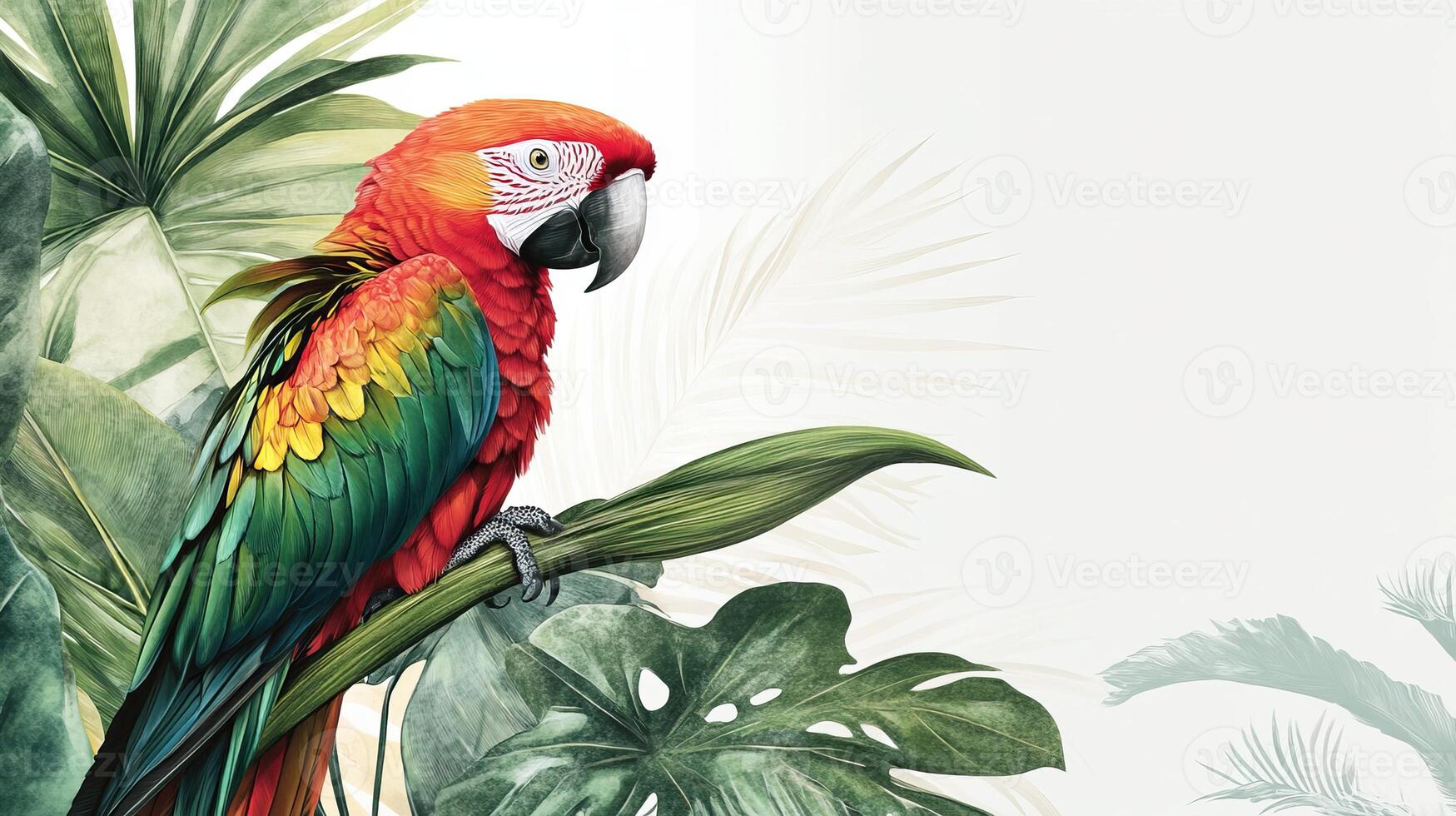 Colorful parrot perched among lush tropical leaves, showcasing vibrant plumage and natural beauty. photo