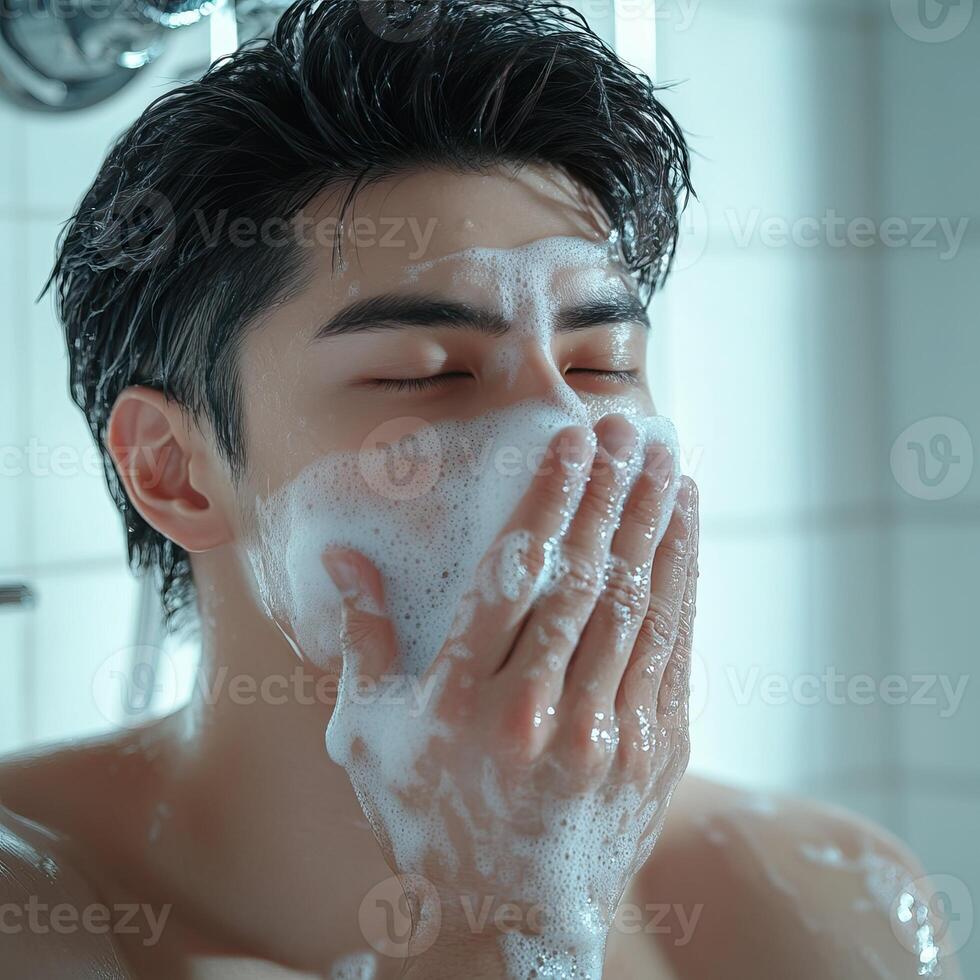 A man washing his face in the shower, surrounded by bubbles and soap, creating a refreshing and relaxing atmosphere. photo